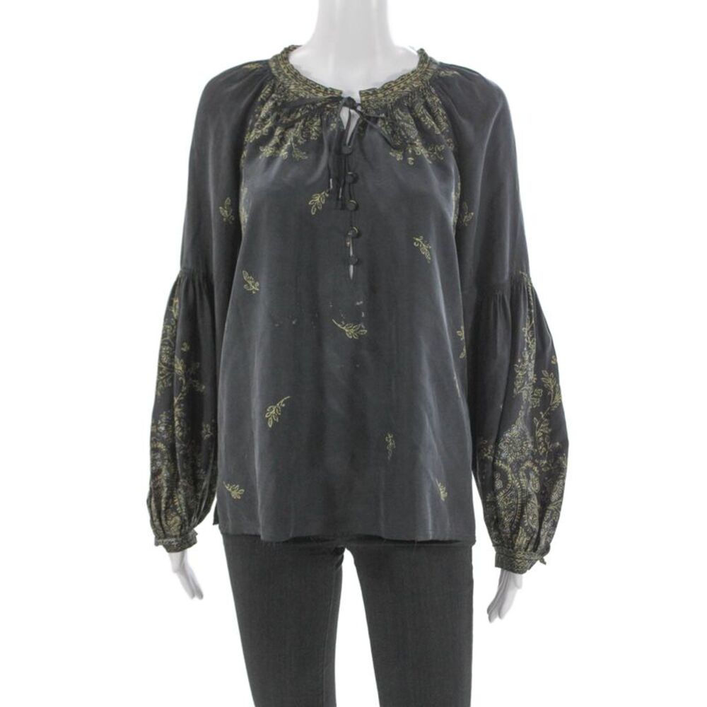 Go Silk Womens Silk Floral Tunic Blouse Black Long Sleeve Button Size S